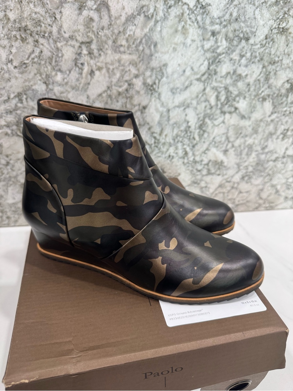 Paolo Camouflage Ankle Wedge Boots in Black and Brown